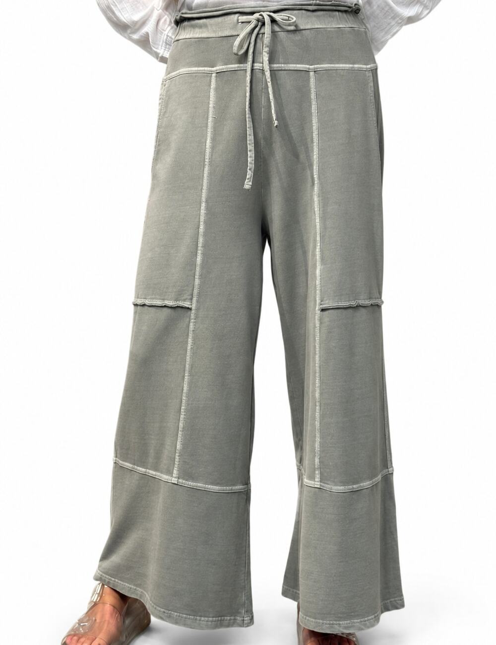 NEW Zenana Wide Leg Pant 100% Cotton Womens Medium French Terry Green